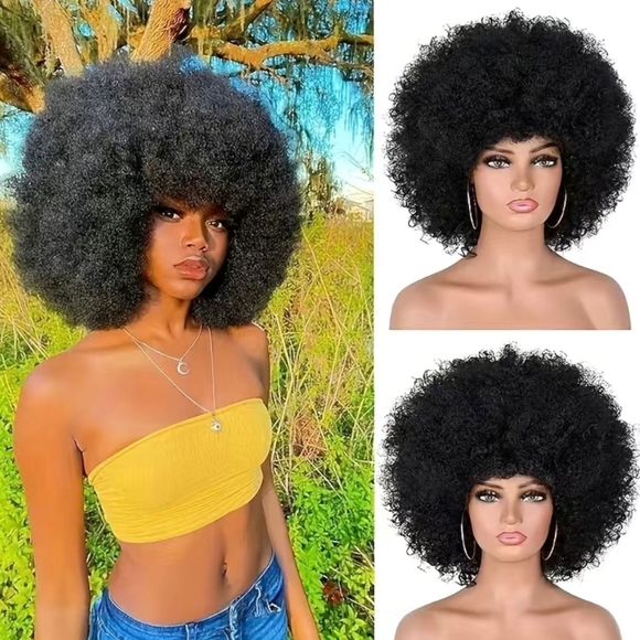 Natural Brazilian Human Hair Afro Kinky Curly Wig with Bangs - Picture 3 of 8